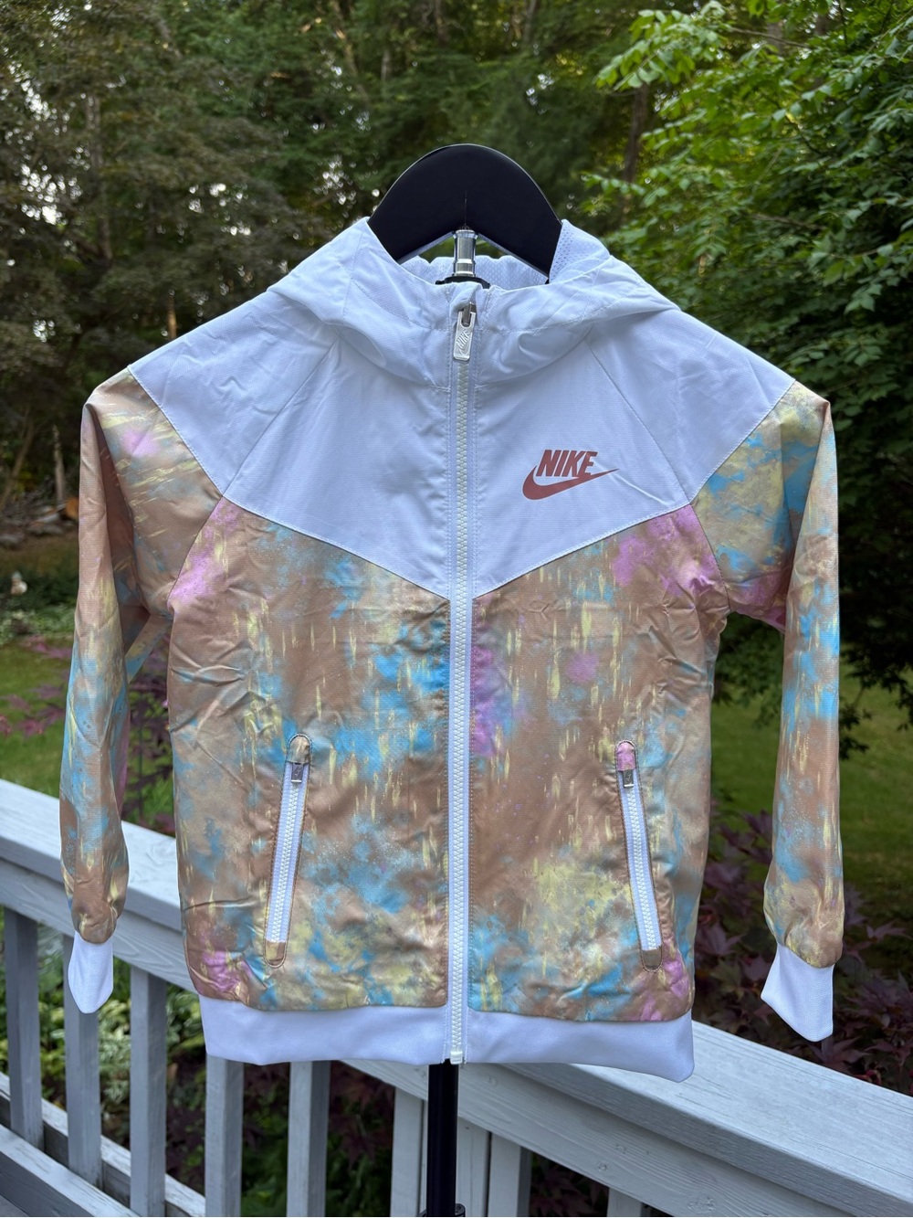Nike White Hooded Windbreaker with Iridescent Pastel Body